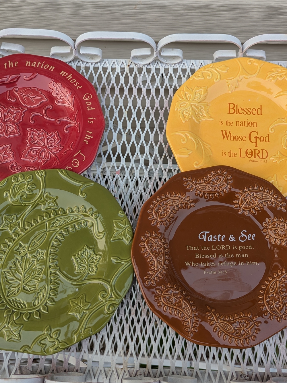 Decorative Scripture Ceramic Plate Set - Red, Yellow, Olive, Brown